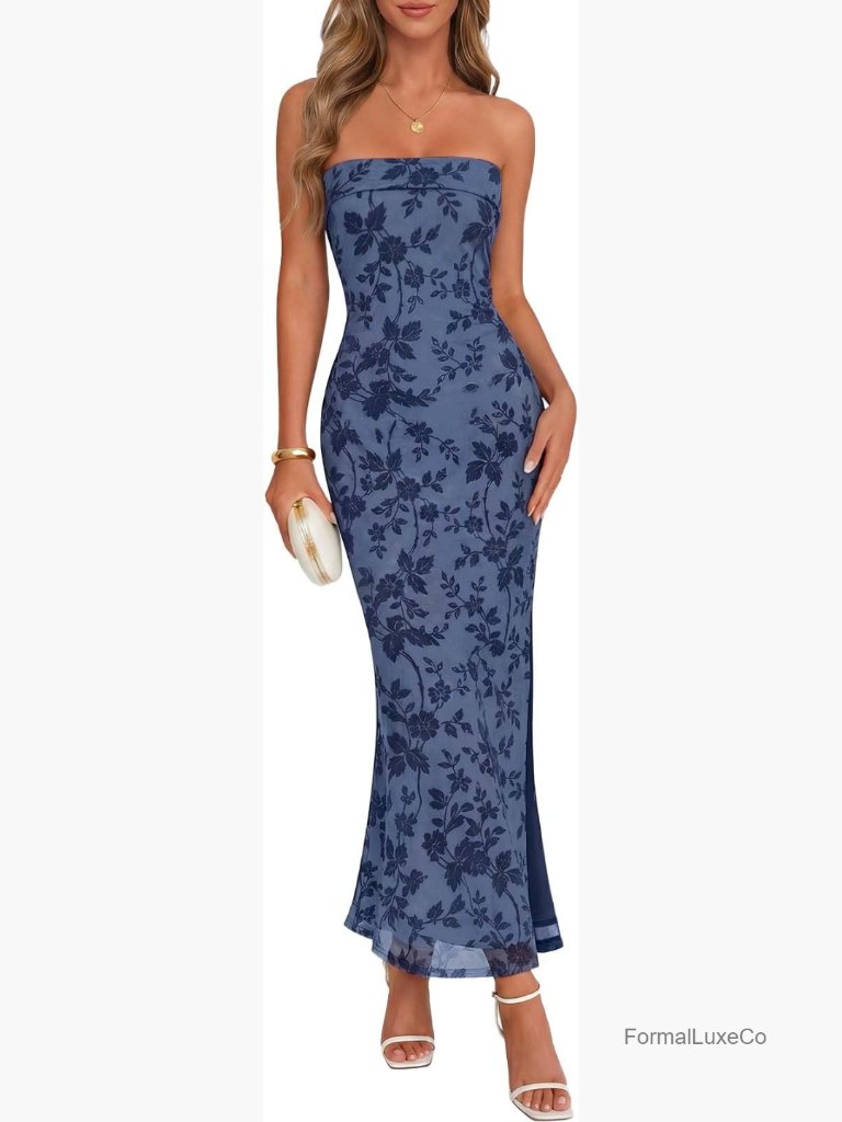 Floral Strapless Bodycon Maxi Dress With Slit Mesh Wedding Guest